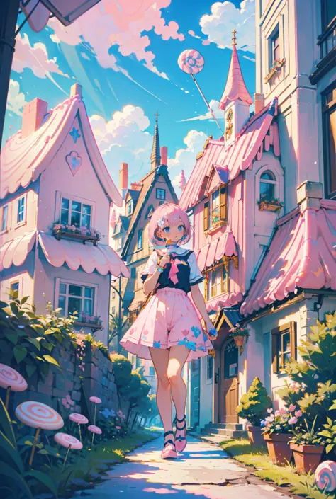 1girl,cute,teenager,(((pink short hair,blue eyes))),
((in candy house)),sugar,pop,fancy,fantasy,