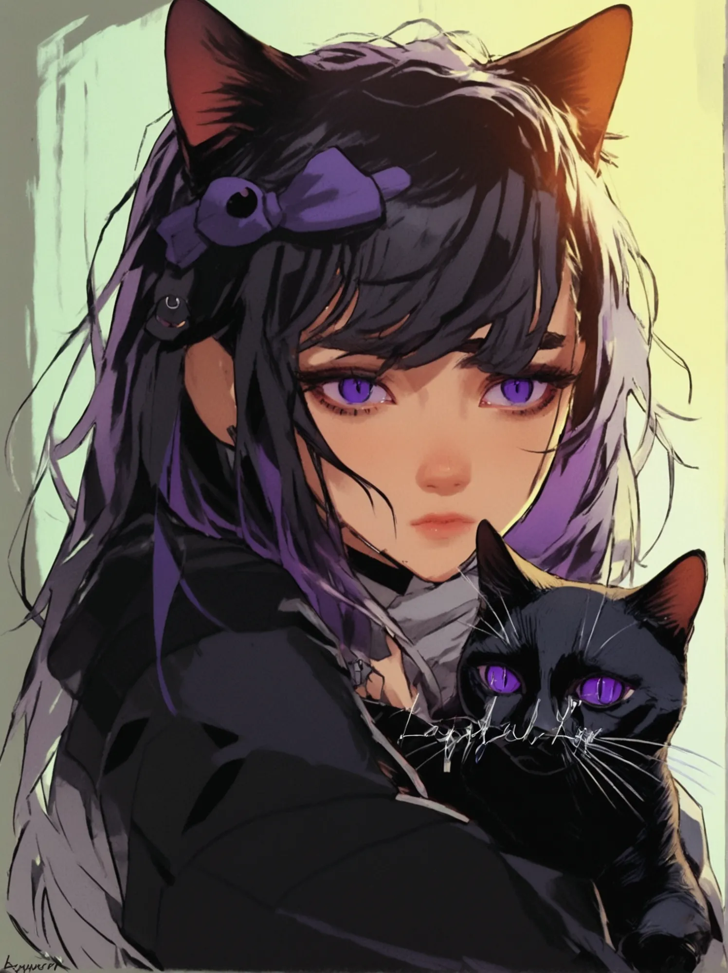 anime girl with long hair and purple eyes holding a black cat, young girls，young teenage girl，emo girl and her , portrait of got...