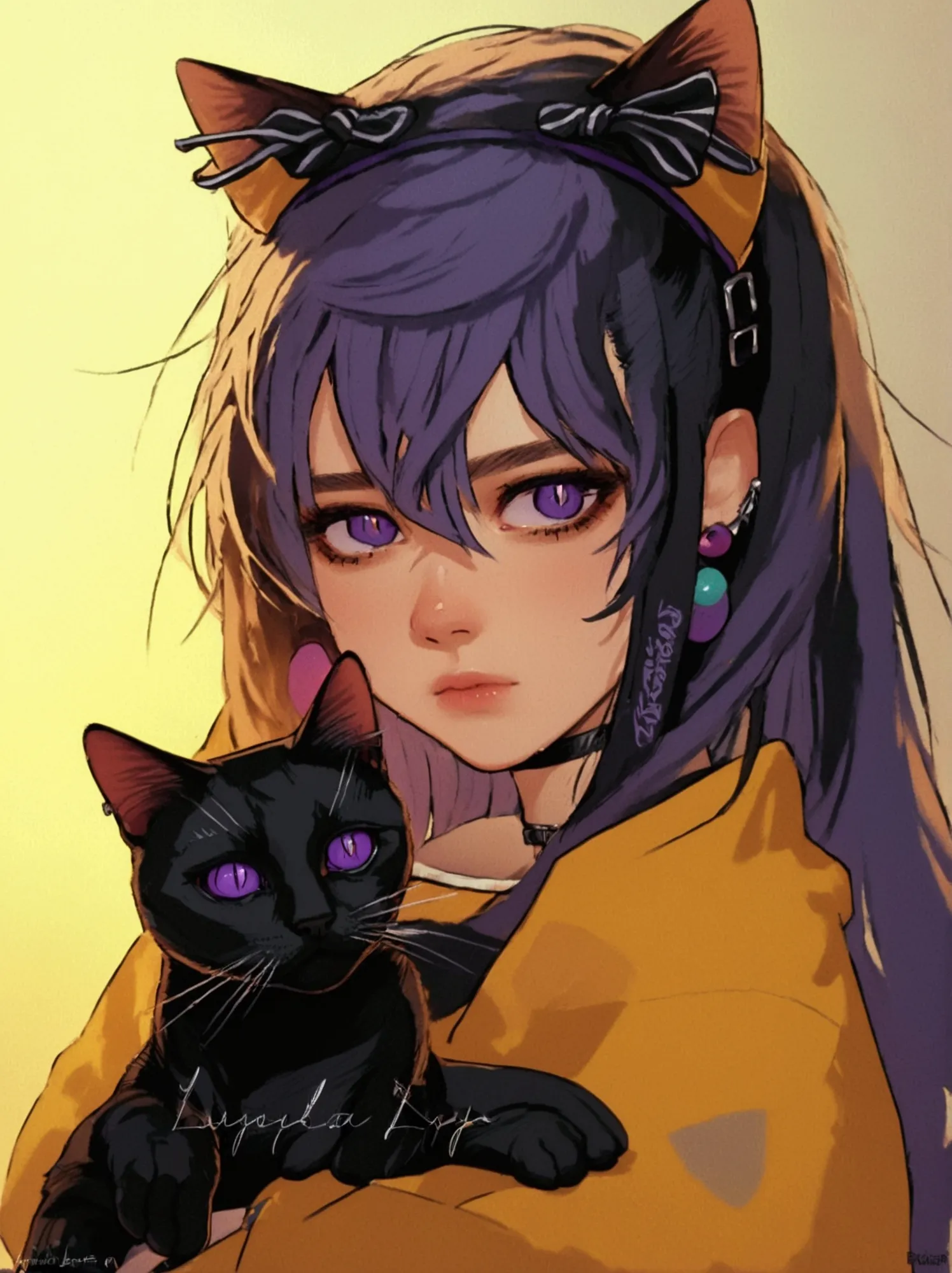 anime girl with long hair and purple eyes holding a black cat, young girls，young teenage girl，emo girl and her , portrait of got...