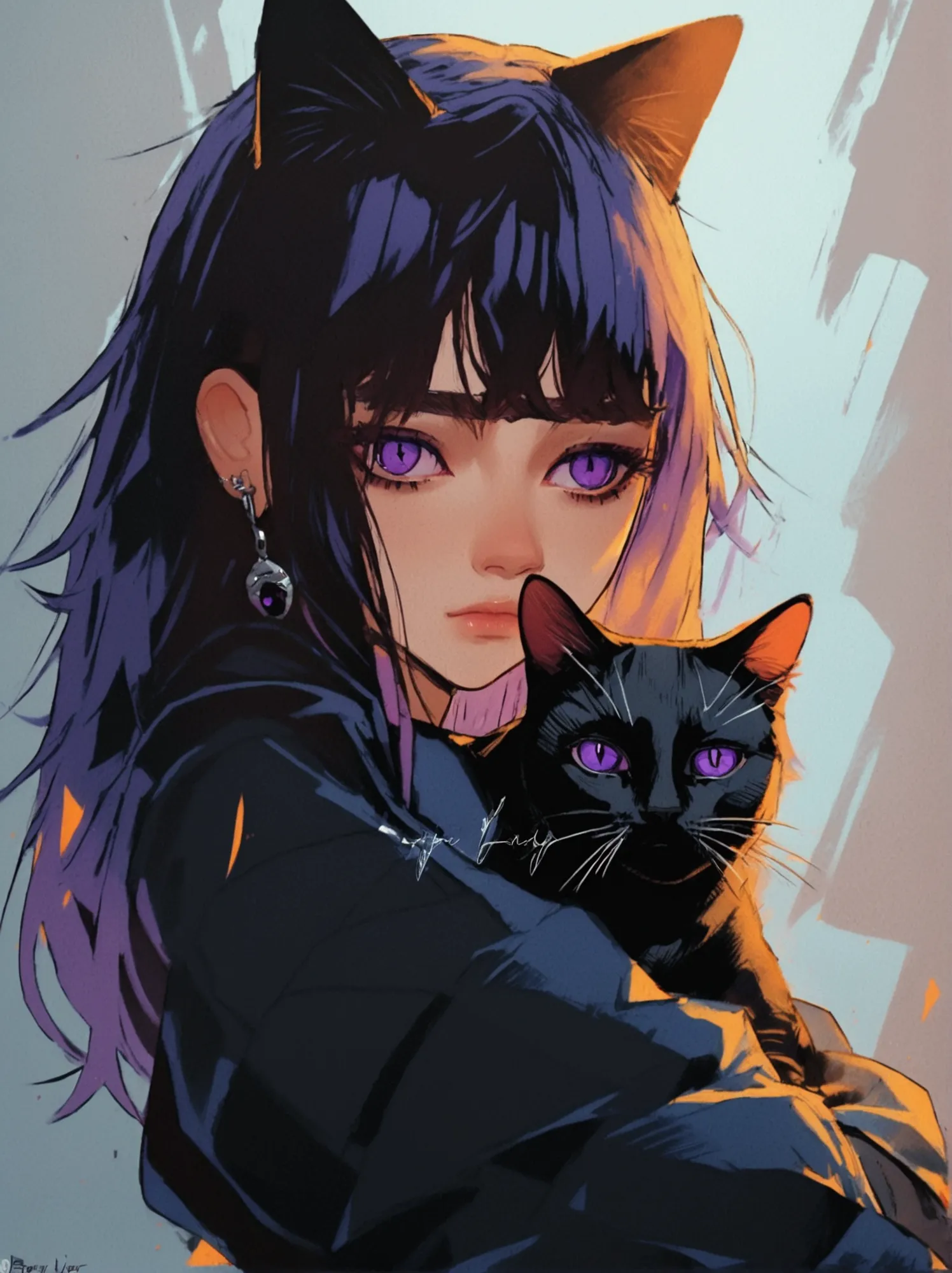 anime girl with long hair and purple eyes holding a black cat, young girls，young teenage girl，emo girl and her , portrait of got...