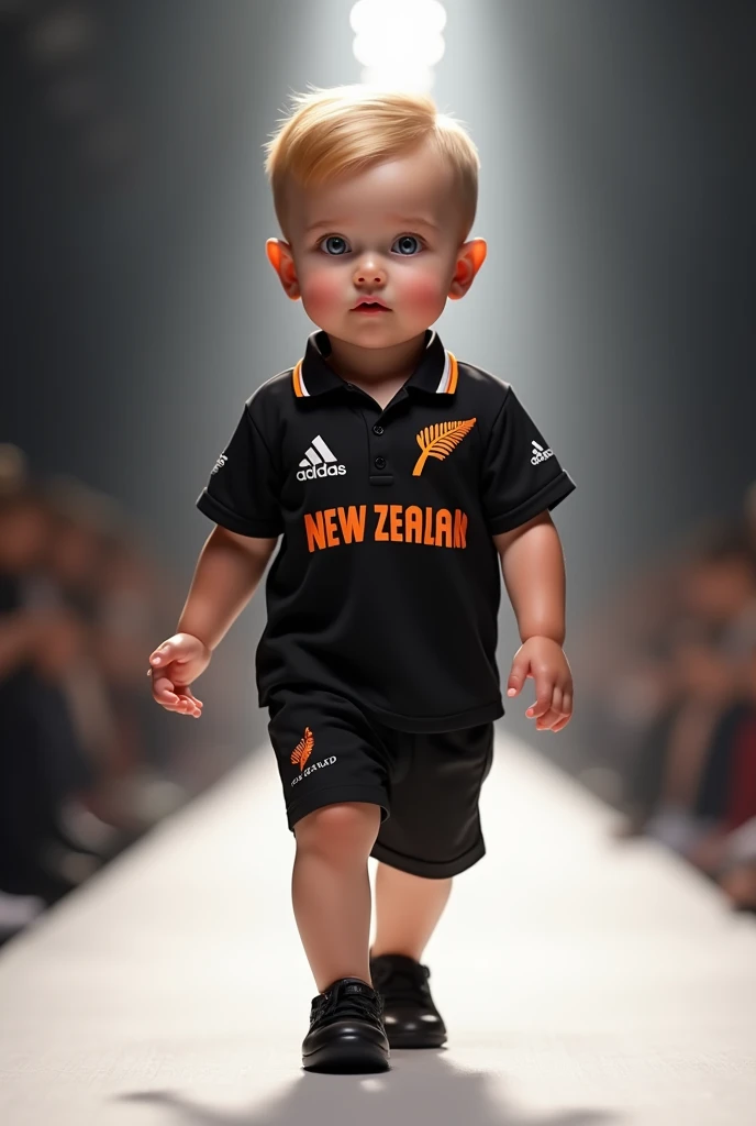 A cute baby boy is walking on a fashion show runway. The baby is wearing black colour  new Zealand cricket team Jersey. The baby hair colour is light Golden and short and small hair. The baby is wearing short pant and black colour shoe. On the front of jer...