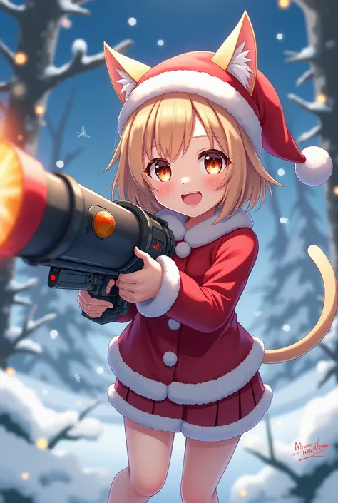 Anime girl with cat ears and cat tail in Santa hat with rocket launcher 