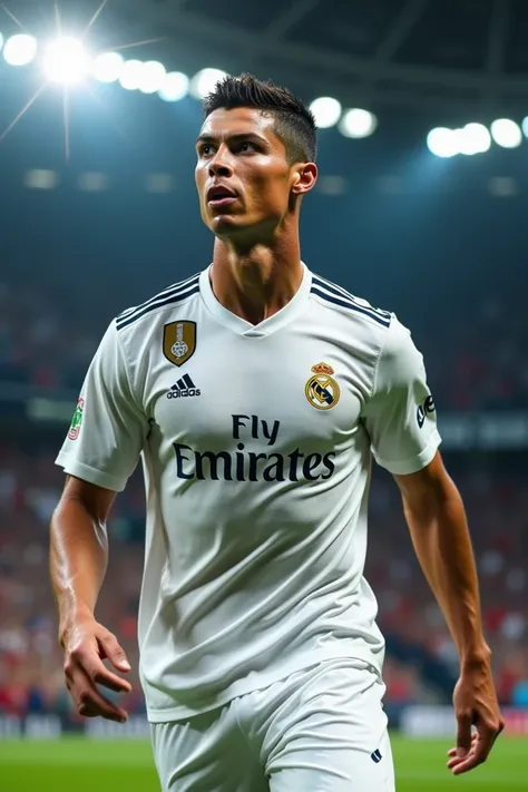 Absolutely! Here are an additional 25 sentences to further describe the image:

1. Ronaldos cheekbones are prominent, adding to his chiseled look.
2. His facial hair is minimal, maintaining a clean-shaven appearance.
3. The lighting in the stadium casts a ...