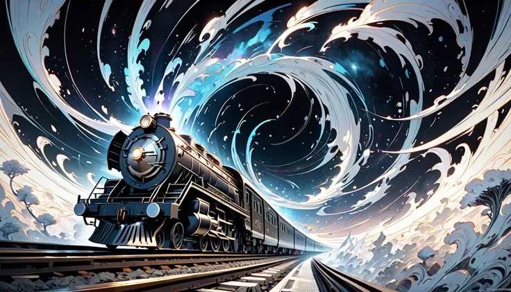 An ethereal train adorned with celestial patterns and divine symbols of Hindu gods bursting through a colossal ornate gate with swirling mystical energy, The train depicted in monochrome tones with hints of ethereal light appears to cut through the very fa...