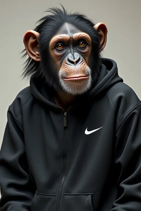 Can you create me an image of a chimpanzee with a mullet hairstyle and dressed with a black nike tracksuit in a realistic style