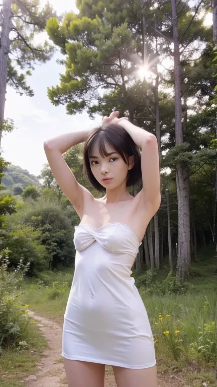 Photorealistic，Ultra high definition，Highest quality，Best Quality，8k，RAW Photos，Super detailed，Ultra-high resolution，(Amazingly cute Japanese real girl)，whole body，1 person，Facing forward，Early morning in the forest，Bright sunlight pours in，Backlight，White...