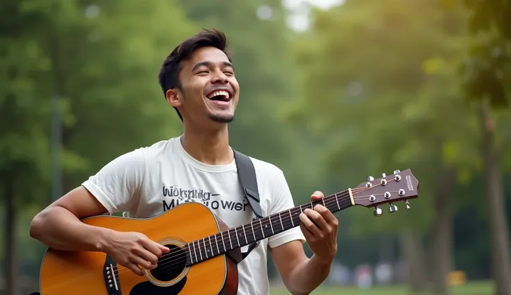 A 30-year-old Nepali man with wheatish skin tone, playing a guitar and singing. He is wearing a T-shirt with the text Worship Music Lover printed on it. The man has short hair, is actively strumming the guitar while singing in an uplifting outdoor environm...