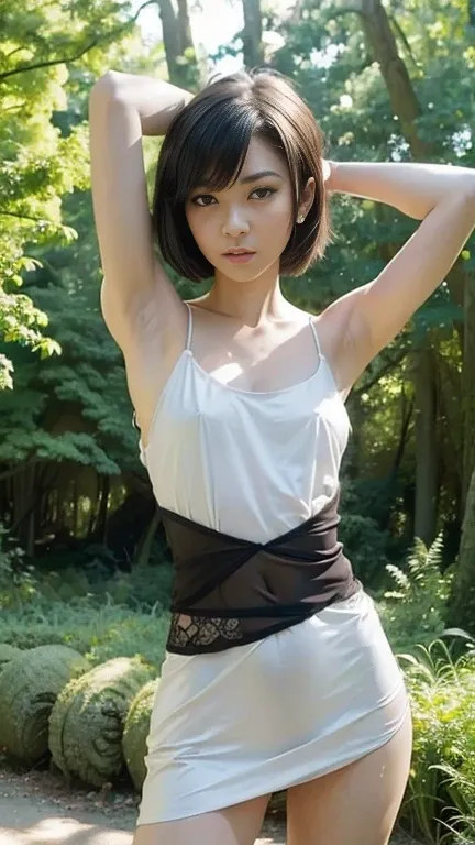 Photorealistic，Ultra high definition，Highest quality，Best Quality，8k，RAW Photos，Super detailed，Ultra-high resolution，(Amazingly cute Japanese real girl)，whole body，1 person，Facing forward，Early morning in the forest，Bright sunlight pours in，Backlight，White...