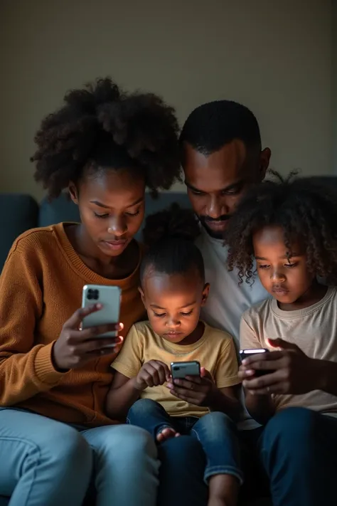 Photo of a distrustful black family separated where everyone is busy on their phones ( victime de la technologie) acculturation