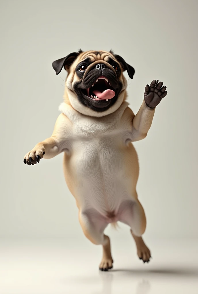 Pug that jumps up,  stretching one hand upward, Staying on the ground with one foot,  excitement ,  is intense,  rough breathing, masterpiece,  best quality,  high detail, 