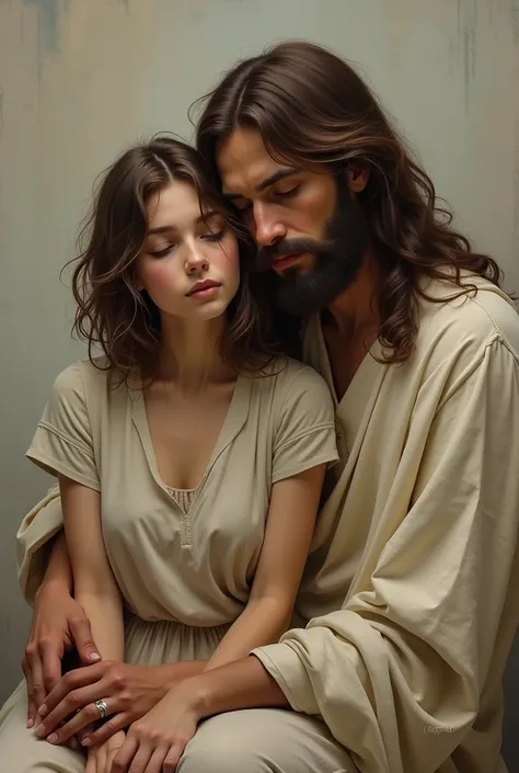 Rounded faced and Short brown disheveled shaggy haired woman with Jesus sitting 