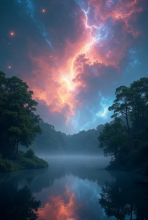 masterpiece 
The Birth of Creation, lush trees reflecting energetic and colorful streams of light in the magnificent galactic sky, professional color grading, soft shadows, no contrast, clean and sharp focus, cinema film photography, surreal:: Nebula:: 1 W...