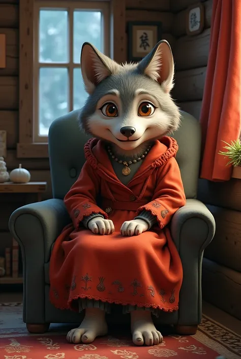 (rens picture book illustrations),Wolf,Villainous Face, (wearing grandmothers clothes), Cabin background,Sitting in a chair