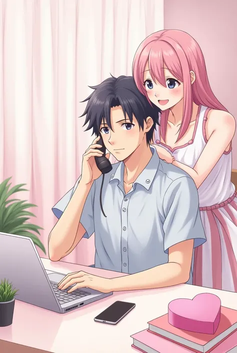 Make an anime sketch of a colored picture ,  of a man picking up the phone,  of him sitting with his hands on the table . front shot, his desk dyed soft pink ,  his walls dyed soft pink ,  his phone dyed soft pink.  his mens hair dyed black , kehis desk dy...