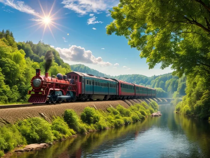  train,  magical , Flies across the river, background, forests, a river, Sun, wind, magic, 