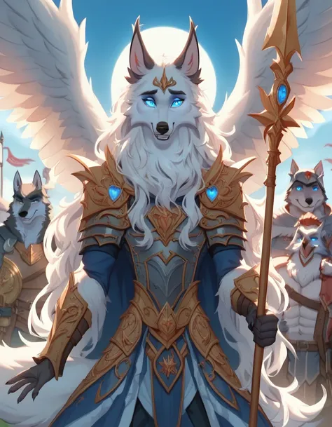 score_9, score_8_up, score_7_up, score_6_up, a very long haired, anthro, furry, wolf, wearing white godess armor, golden heart chain, benevolent, angelical owl wings, blue glowing eyes, godly spear, godly shield, barn owl pet, flanked by anthro furry wolf ...