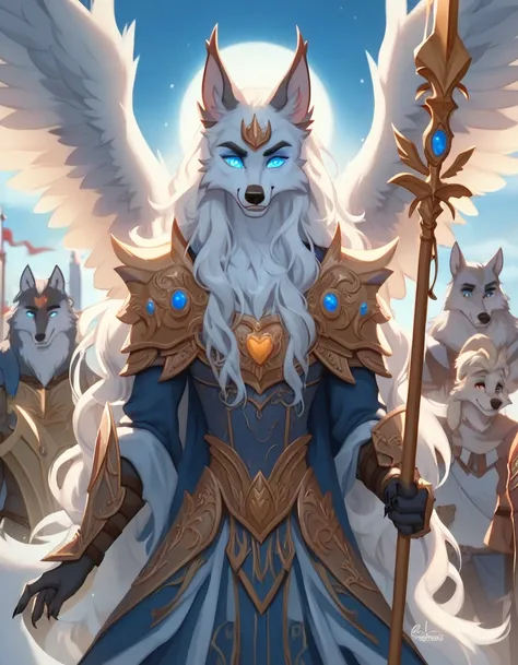 score_9, score_8_up, score_7_up, score_6_up, a very long haired, anthro, furry, wolf, wearing white godess armor, golden heart chain, benevolent, angelical owl wings, blue glowing eyes, godly spear, godly shield, barn owl pet, flanked by anthro furry wolf ...