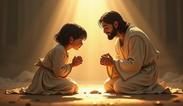 A deeply emotional scene of a person kneeling in prayer, feeling spiritually and physically hungry. A divine light shines down from the heavens, illuminating the person. In their hands, they hold a piece of bread, symbolizing the "bread of life" (Jesus) th...