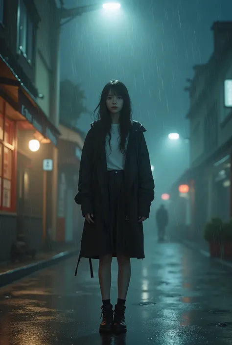 8K, masterpiece, best quality, ultra-detailed, photorealistic, extremely detailed face, cinematic lighting, ray tracing, unlit hair, on a cloudy street, corner shop, foggy heavy rain, long hair, Girl standing under a streetlight, she is wearing a black con...