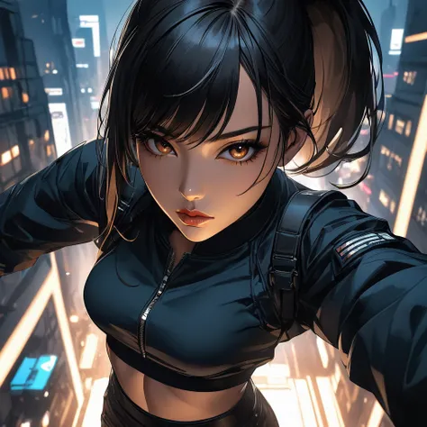 Neo-noir Futuristic art style, high angle view, waist-up view, semi-realistic anime-style woman. She has long, sleek black hair styled in a high ponytail with loose strands framing her sharp face. Her warm tan skin has a subtle golden undertone, with symme...