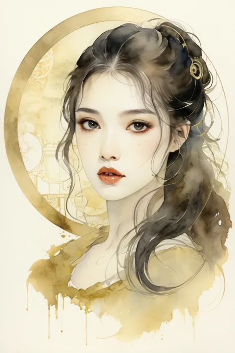 Watercolor、Damaged Paper、Old style、Faded color、Thick Fog、composition、Golden Ratio、Functional、grace、 details、 Watercolor, round face, Dark Eyes,  elegant ,  plump lips , Elegant,  long hair、（（Feminine cyborg））、puppy