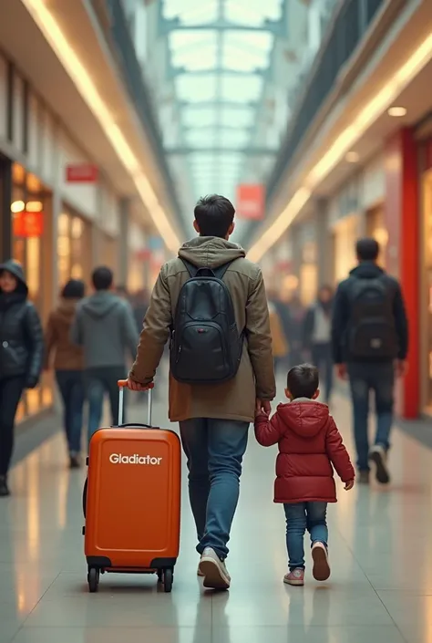 A family shopping at a shopping mall We need a pitcher who travels with a trolley bag, bag and has Gladiator as the brand. It should also be given that the pitcher should feel very realistic and natural. must put the brand name gladiator