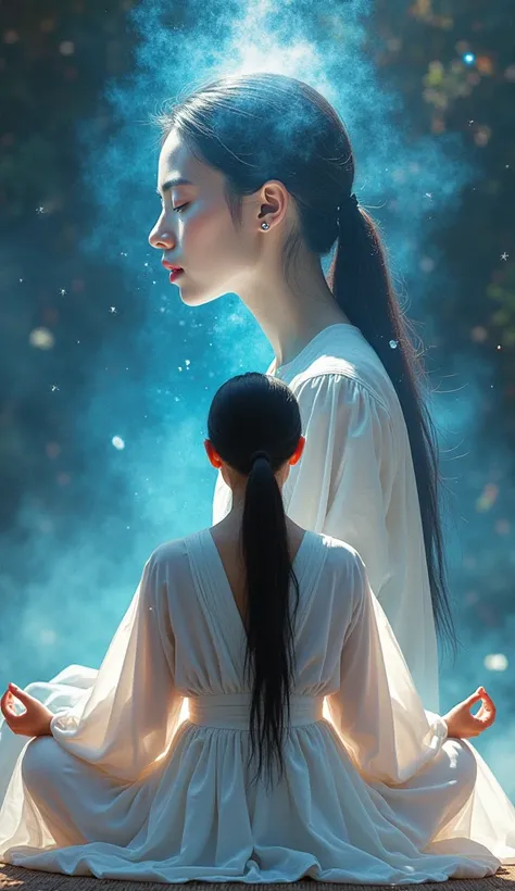 Low angle shot of so beautiful sexy half Korean and half Japanese woman with long black hair tied in a ponytail, sexy figure, wearing a white bohemian style robe, sitting in a meditative pose. High quality psychic projection image, a holographic image of a...