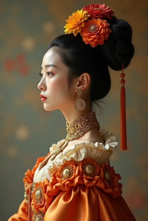 Hyperrealistic profile portrait of a stylized Korean woman with a design inspired by Baroque art. She wears an opulent dress in warm tones, with elaborate ruffles and golden details such as ornamental medallions. Her hair is voluminous and complex, with da...