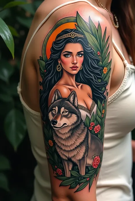 Artemis goddess tattoo with curly hair with a wolf 