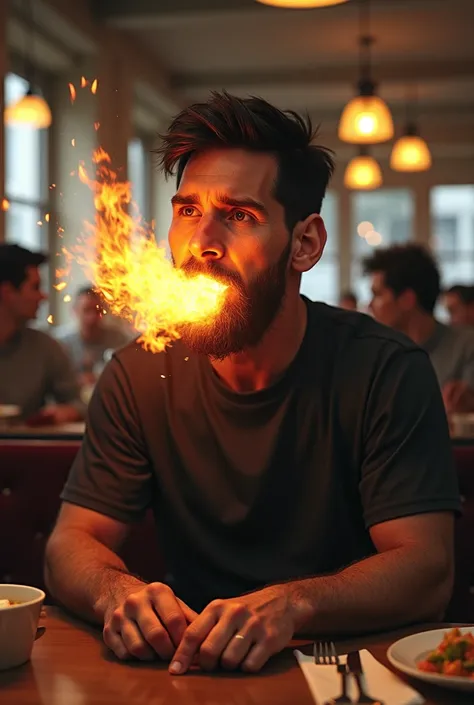 Messi is sitting in a restaurant and theres a fire coming from his mouth