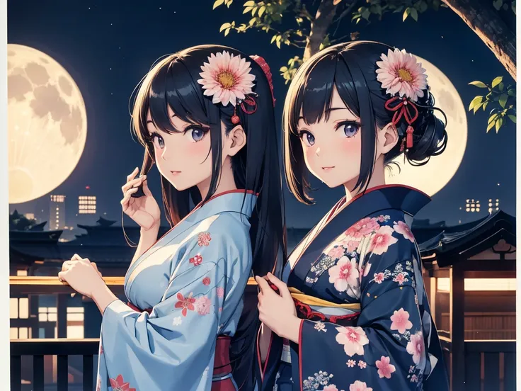 Japanese women in the Showa era　kimono　moon　city