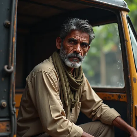 A realistic image of  Ayesha standing by a wooden window, looking at the c"A realistic image of a Bangladeshi stepfather named Kamal, wearing a dusty shirt and a gamcha around his neck. He is washing his rickshaw outside the house, with a tired expression ...