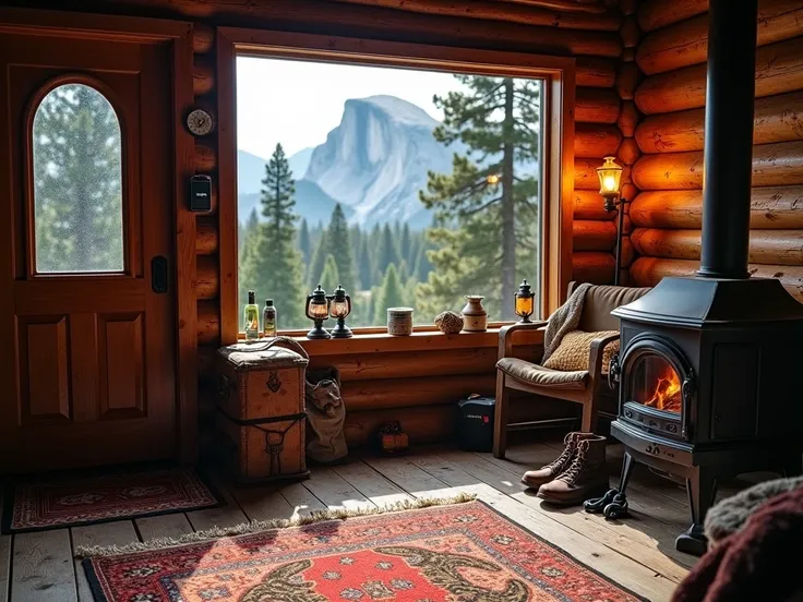 An image as if it had been taken inside a ranger cabin in Yosemite Park
