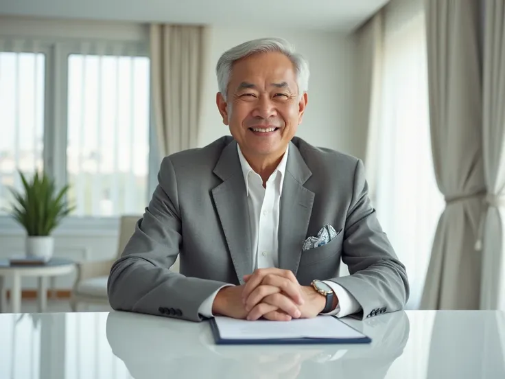 Inside a luxurious spacious luxury white Office. Table and chair very neat. Thai business man 60 year old but still good shape , He wear business smart grey color suit and standing .Smiling looking at the camera . There are two of pretty thai student girls...