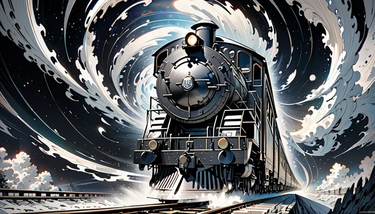 An ethereal train adorned with celestial patterns and divine symbols of Hindu gods racing towards a colossal ornate gate, The scene captures the precise moment of impact as the train begins to dissolve and vanish into the swirling mystical energy of the ga...