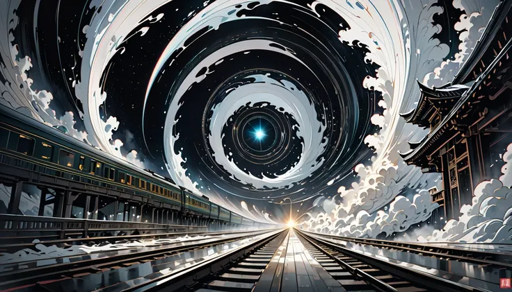 An ethereal train adorned with celestial patterns and divine symbols of Hindu gods racing towards a colossal ornate gate, The scene captures the precise moment of impact as the train begins to dissolve and vanish into the swirling mystical energy of the ga...