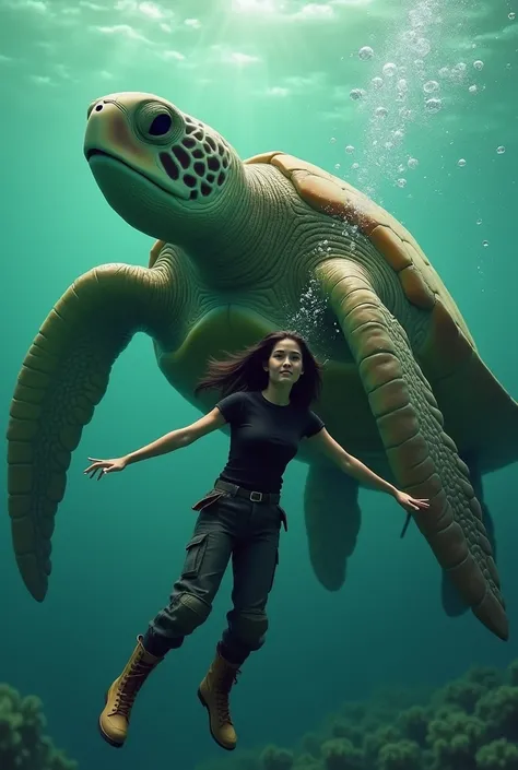 A 20 years girl long black hair, wearing black T-shirts, cargo trousers,Wearing Boots , down the green sea ,Water bubbles around them, swimming  a flying giant ancient turtle,Smile sarcastically
