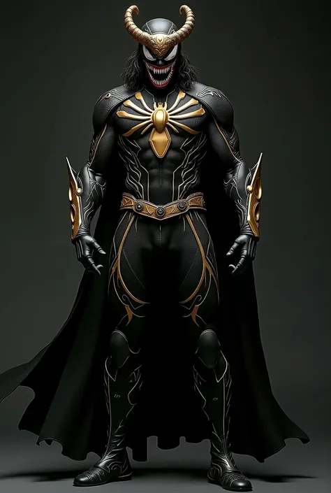 Loki, in venom suit, full body, superhero pose, black suit, new suit, high resolution, best quality, full body, highly detailed, skin detail, realistic, masterpiece, indian, indian dress, detailed, indian symbols on mask, realistic dark background