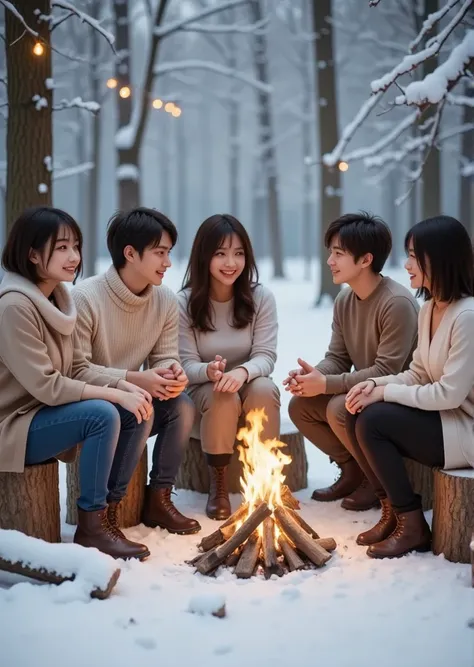 In the snowy forest、 young and beautiful men and women have bonfires 、 they wear warm sweaters and scarves、Men wear jeans 、 women wear long skirts and boots 、 woolen gloves 、Sitting on a stump、A fun conversation