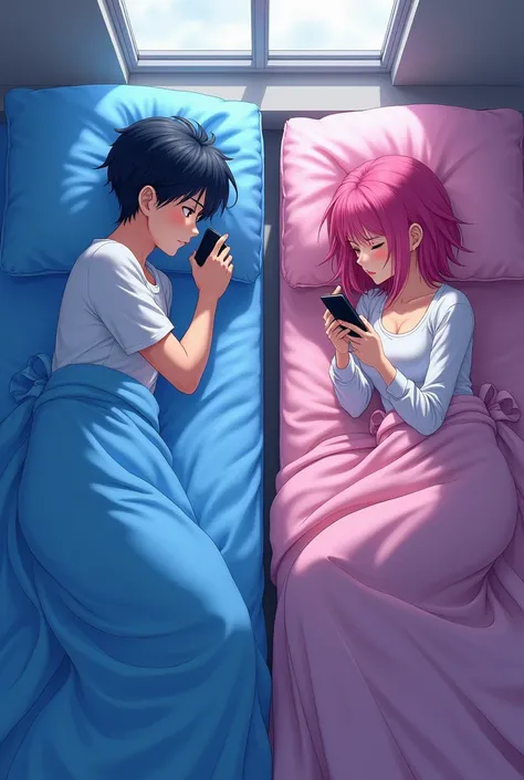 Make an anime as etsa dyed  , of a man sleeping on a mattress,  looking at his mobile phone like he is chatting , on the side wall ,  a girl sleeping on the mattress while chatting .  make in two pieces ,  the mans room is blue ,  the mans hair dyed black ...