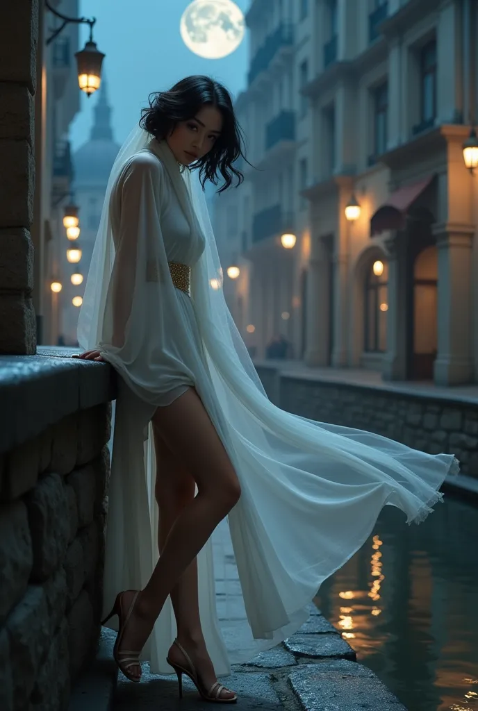 photorealistic girl leaning on the city wall, long flowing tulle scarf around neck, flawless legs and heels, white porcelain glo...