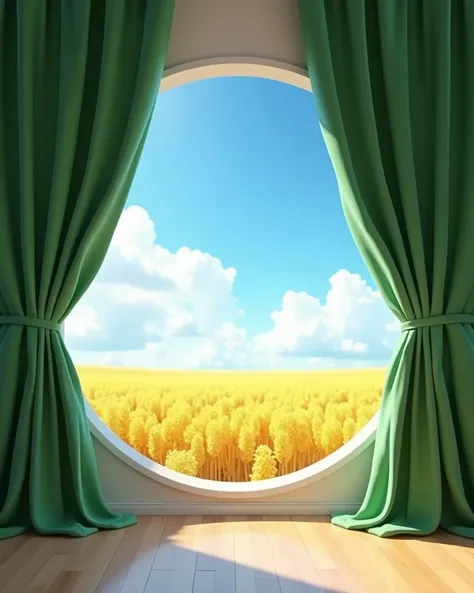 Background and foreground contrast: blue sky and white clouds are fresh and natural. The golden fields show a sense of harvest and happiness. Main View: The view outside the window unfolds with the round window frame as the center, framing the blue sky, wh...