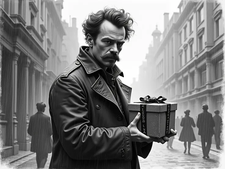 Lev Davidovich Trotsky with a gift box in his hands, with a scar on the face. posing 7/11, wearing a leather trench, behing him a steampunk victorian city, while it rains. greyscale style, realistic, pencil sketch