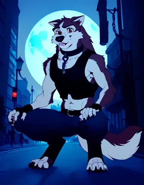 score_9, score_8_up, score_7_up, score_6_up, a very long haired, anthro, furry, wolf, wearing a black police safety vest, harness, chain collar, badge on chain collar, patrolling the streets of the city, night, full moon, long slender snout, crouching, han...