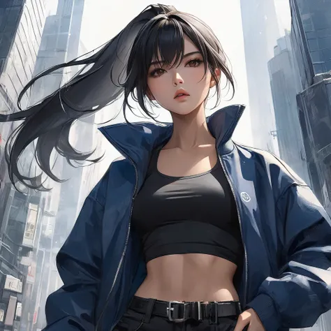 A semi-realistic anime-style woman, aged 21, with long, sleek black hair styled in a high ponytail. She has warm tan skin with a slight golden undertone, and a sharp, symmetrical face. Her jawline is slightly softer yet still well-defined, giving her a str...