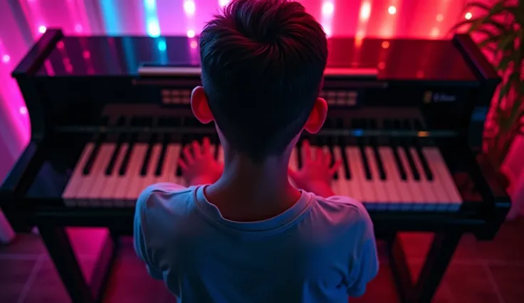 A 18 years young old boy playing piano .with romantic lights in backgrounds .inckude only piano boy and background .top view .neon background .show full keyboard from top .write" Instrumental_piano.Y"
On the piano  with white colour .