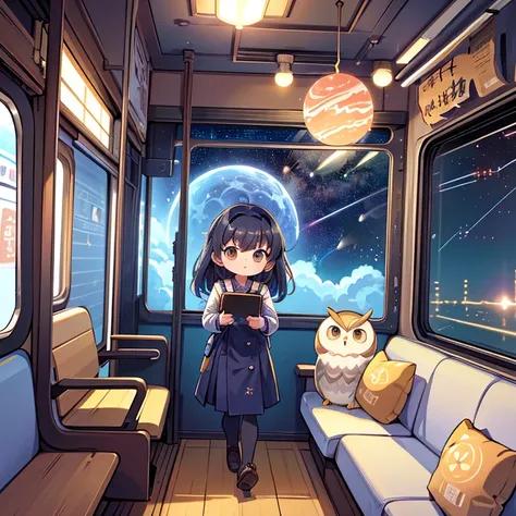 The view from the train window of the Galactic Railroad during a leap in time , A train that transcends time and space, 車窓から見える owl under guard，
cute,  owl under guard, Chibi character, ((Railroad that runs through time and space : fantastic outer space:1....