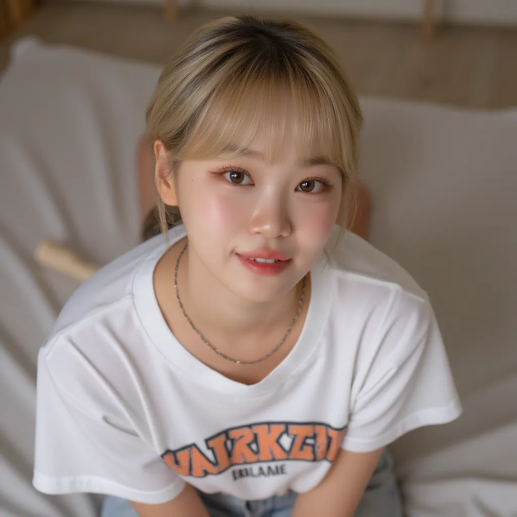 crop tee,  looking at viewers, bed, , add , blonde, short hair, cuteness