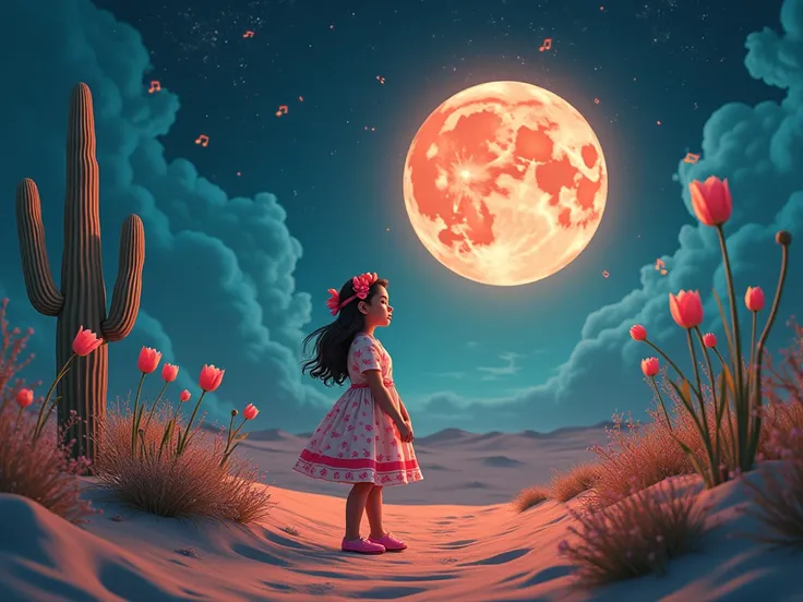  This is a story about a magical girl in the desert,  the art of musical notes , anthropomorphic tulip ,  fantasy abstraction .  close.  round. beautiful, Fantasy Night , full moon, Surrealism,  masterpiece , fairy tale. ( High resolution), (great depth), ...