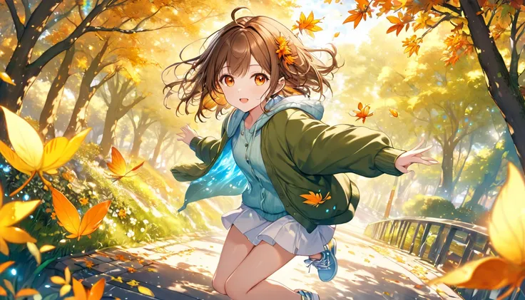 background：Small riverside promenade 、 and the leaves are dancing in the wind 。  
expression： are following the fluttering leaves with your eyes 。  
Costume： simple cardigan and sneakers 。  
 pose： Lightly raise your legs 、 the movement of trying to grab t...